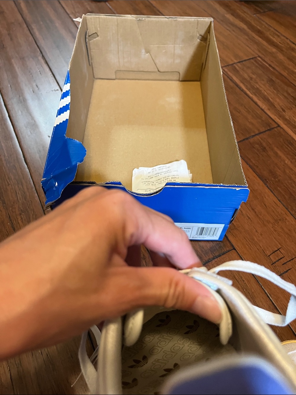 adidas womens japan White Leather Sneakers with Blue Stripes and Yellow Gum Sole - Picture 12 of 14